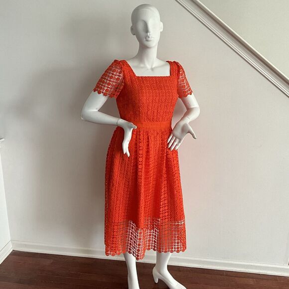 Talbots Lace Square Neck Fit & Flare Dress In Bright Tangerine 10 - Picture 8 of 9